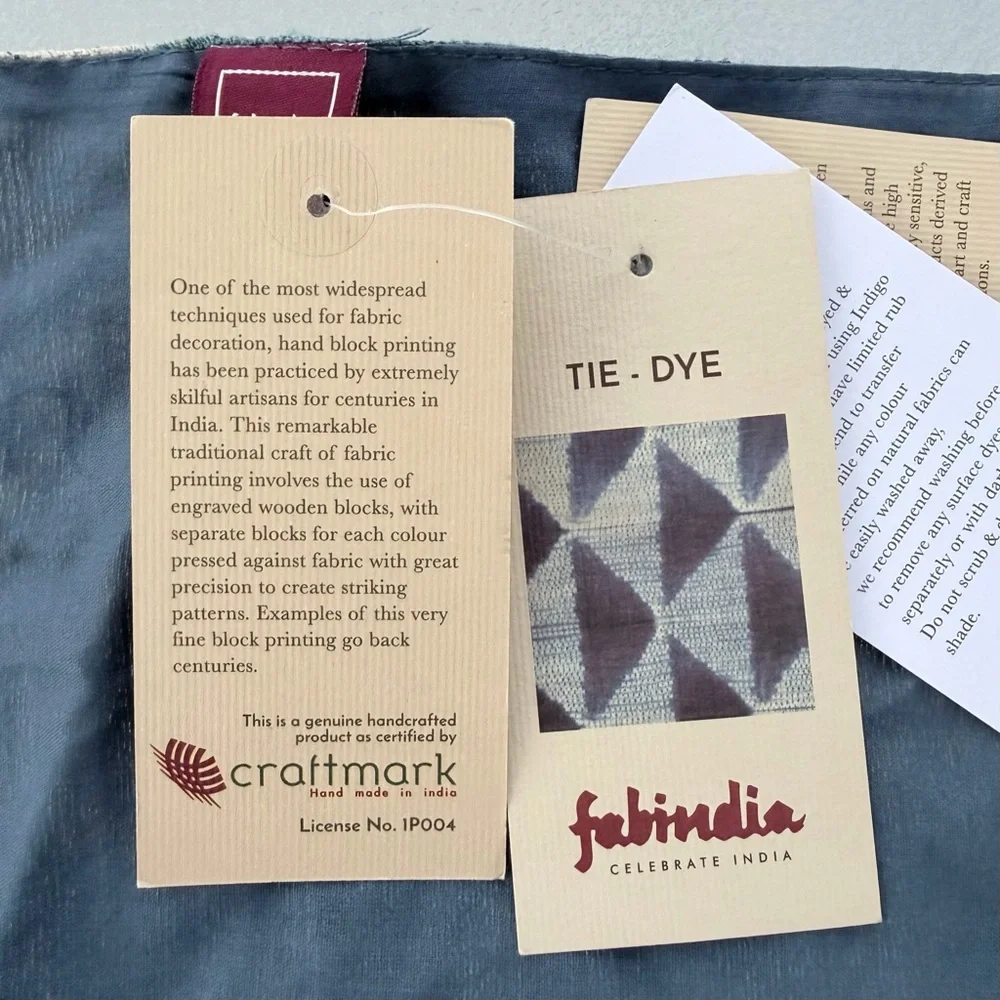 Fabindia Indigo Blue Hand Block Print Silk Shibori Chiti Table Runner, 44”x 13”